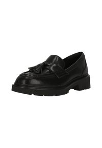 Mocassin en cuir noir avec semelle épaisse, pampilles décoratives et détails de couture, présenté en angle sur fond blanc.