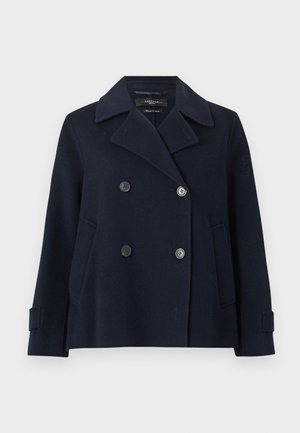Dobbeltspændt navyblå uld pea coat med brede revers, to sidelommer og knappede manchetter på lange ærmer.