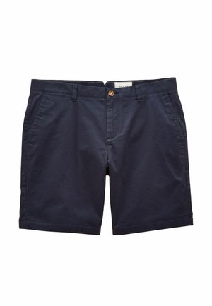 Navy blue cotton shorts featuring a button closure, two side pockets, and a flat front. Smooth texture with a clean, tailored design.