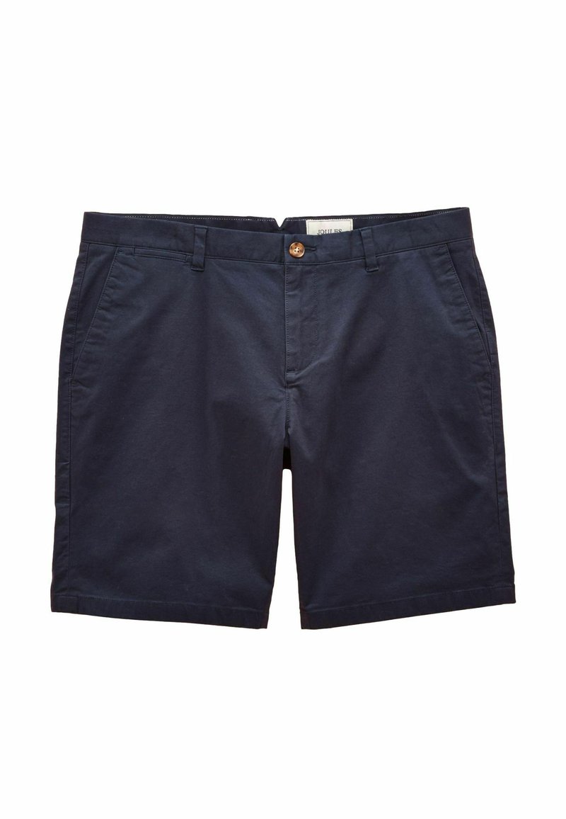 Șorturi din bumbac bleu marin, cu închidere prin buton, două buzunare laterale și față plată. Textură netedă cu un design curat și potrivit.