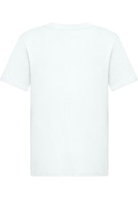 Bílý krátký rukáv tričko vyrobené z měkké bavlny. Standardní design s kulatým výstřihem, hladká textura a žádné viditelné grafiky nebo vzory.