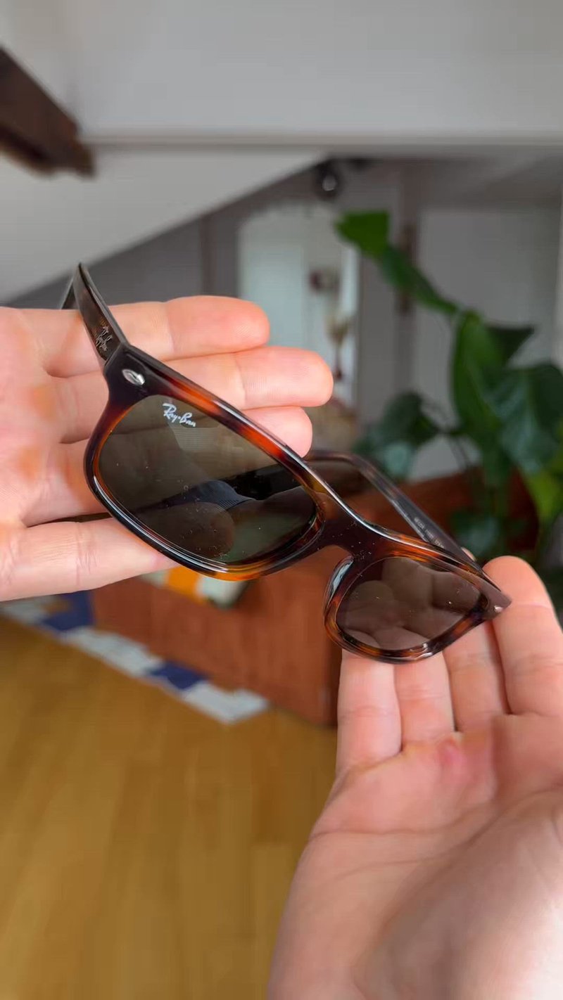 Ръце държащи чифт слънчеви очила Ray-Ban с рамка в костенурков цвят и тъмни стъкла, на закрито с растения и дървени мебели на заден план.