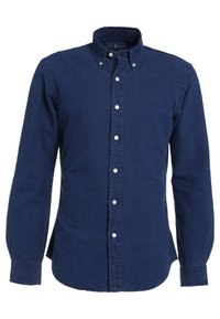 Mörkblå långärmad knapp-up skjorta med krage, vita knappar och en liten logotyp. Tillverkad av ett slätt tyg med en mjuk textur.