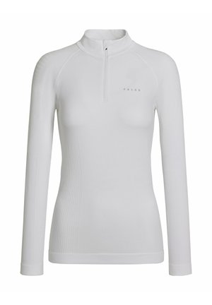 Maglia bianca a maniche lunghe con colletto alto e mezza cerniera. Presenta una texture a coste e un design aderente, con un logo discreto al centro.