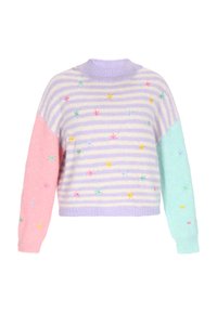 Maglione lavorato a maglia con strisce pastello in lavanda e giallo. Maniche rosa e verde menta, con ricami floreali colorati su tutta la superficie.