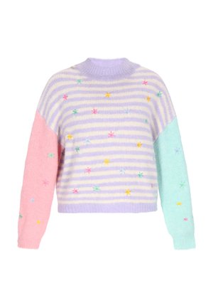 Sweter dzianinowy z pastelowymi paskami w lawendowym i żółtym kolorze. Rękawy w kolorze różowym i miętowym, ozdobione kolorową haftowaną florą.