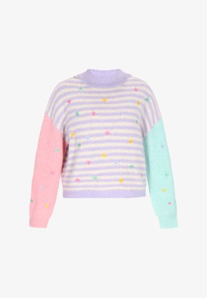 Adīta džemperis ar pasteļtoņu svītrām lavandas un dzeltenā krāsā. Rozā un piparmētru zaļas piedurknes, kurās ir krāsains ziedu izšuvums visā virsmā.