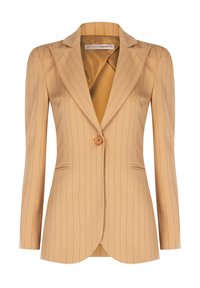 Beige gestreifter Blazer mit Reverskragen, einreihiger Knopfschluss, zwei Fronttaschen und einer kontrastierenden satinartigen Senfgelb-Fütterung.