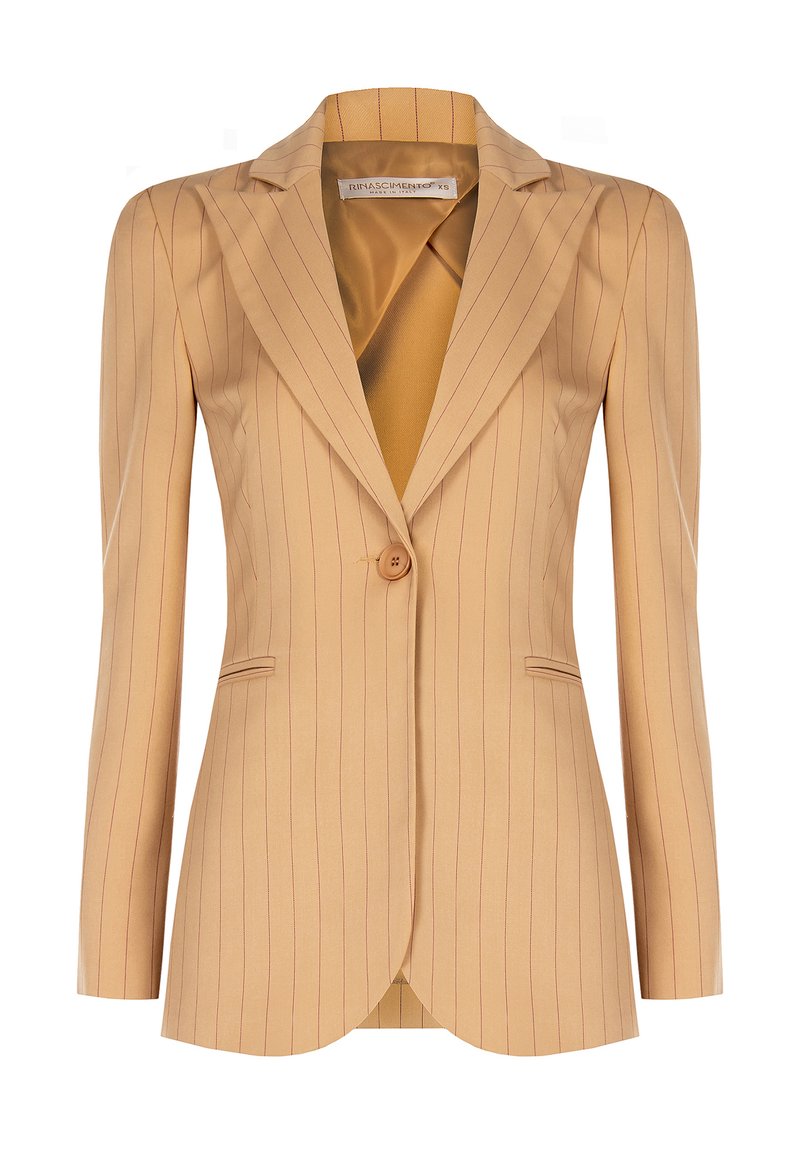 Beige gestreifter Blazer mit Reverskragen, einreihiger Knopfschluss, zwei Fronttaschen und einer kontrastierenden satinartigen Senfgelb-Fütterung.