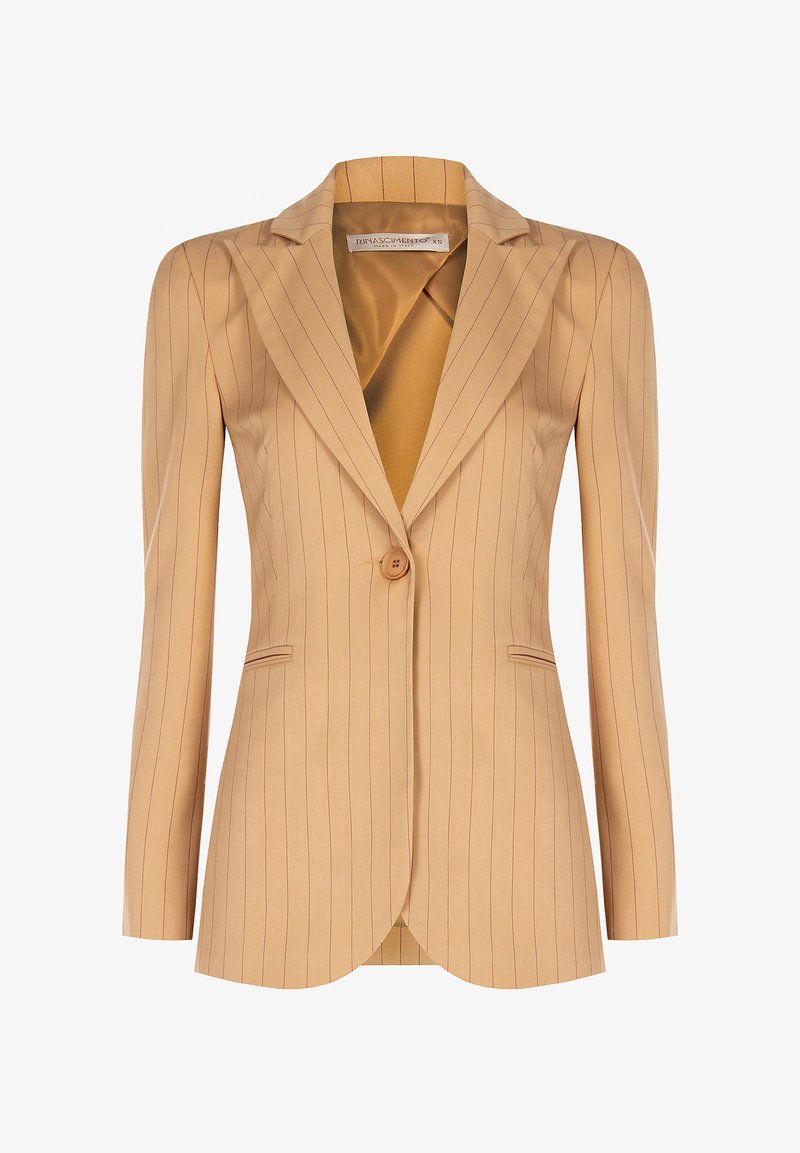 Blazer rigato beige con rever a punta, chiusura con un bottone, due tasche frontali e foderato in satin senape a contrasto.