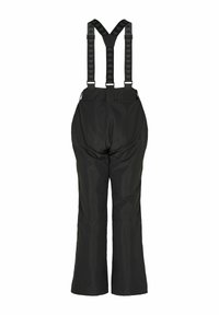Pantalon de neige isolé noir avec bretelles réglables présentant un motif de logo répétitif, conçu pour les activités en extérieur par temps froid.