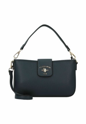 Mörkgrön läderhandväska med strukturerad yta, utrustad med en guldfärgad logoplack och avtagbar axelrem. Stängs med klaff och magnetknapp.