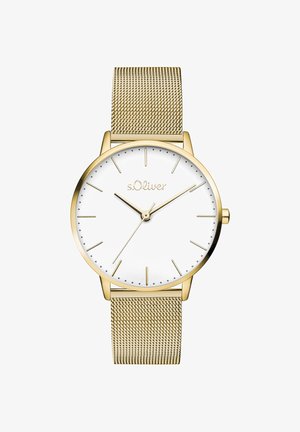 Goldenes Uhrenarmband aus Mesh mit rundem weißem Zifferblatt, minimalistischen Stundenmarkierungen und Logo. Verfügt über schlanke Zeiger und ein poliertes goldfarbenes Gehäuse.