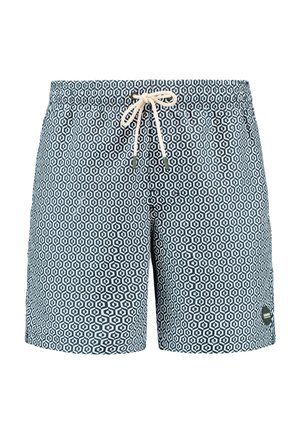 Doposeto da bagno con motivo geometrico in blu navy e bianco. Caratterizzato da una vita elasticizzata con cordoncino e tasche laterali.