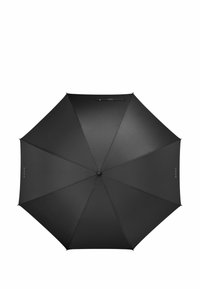 Čierny dáždnik s ôsmymi panelmi, textúrovaný povrch a tlačidlo v strede. Obsahuje logo na dvoch paneloch. Kompaktný dizajn.