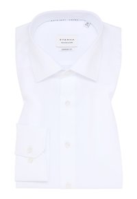 Witte lange- mouwen overhemd, van katoen, klassieke kraag, knopen aan de voorkant, enkele knoop manchet. Label zegt "Eterna, Comfort Fit."