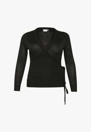 Black wrap sweater made of textured fabric, featuring long sleeves, a deep V-neck, and a side tie detail for adjustable fit.
