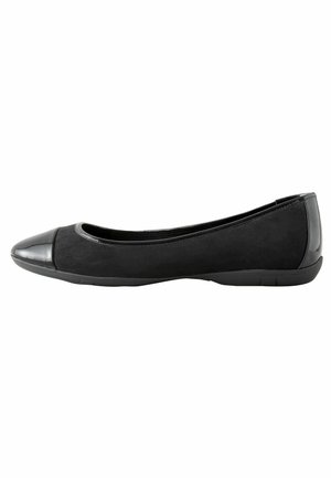 Black ballet flats made of suede with a glossy patent leather toe cap. Features a rounded toe and flexible sole for comfort.