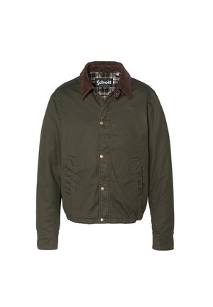 Veste olive pour homme avec col en velours côtelé marron, doublure intérieure à carreaux, boutons-pression à l'avant et poches latérales, étiquetée Schott.