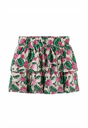 Minigonna a strati floreale con fiori rosa e foglie verdi su sfondo crema, caratterizzata da una cintura elastica e strati arricciati.