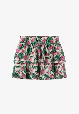 Kwiatowa mini spódniczka z warstwami, z różowymi kwiatami i zielonymi liśćmi na kremowym tle, z elastycznym paskiem i falbanami.