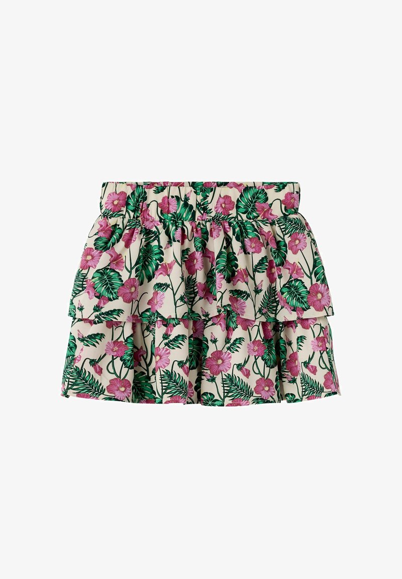 Kwiatowa mini spódniczka z warstwami, z różowymi kwiatami i zielonymi liśćmi na kremowym tle, z elastycznym paskiem i falbanami.