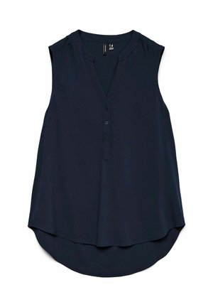 Marineblauwe mouwloze blouse met een V-halsssnit, knoopsluiting, subtiele schouderplooien en een afgeronde zoom. Gemaakt van zachte, lichtgewicht stof.