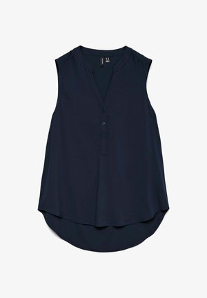 Blouse sans manches bleu marine avec un col en V, patte de boutonnage, plis subtils aux épaules et ourlet arrondi. Fabriquée en tissu doux et léger.