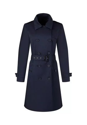 Granatowy dwurzędowy trencz z paskiem, zapinanymi na guziki mankietami i szerokim kołnierzem, o długości do kolan.