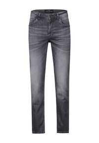 Donkergrijze denim jeans met vijf zakken, een recht gesneden ontwerp en subtiele vervaging. Voorzien van een knoop- en ritssluiting.