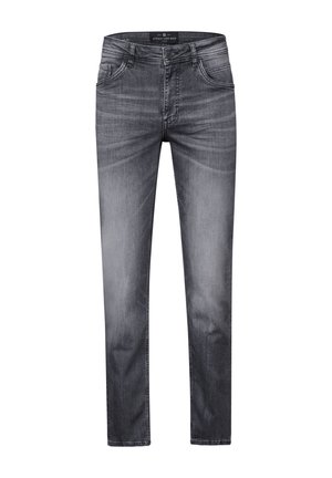 Dunkelgraue Jeans aus Denim mit fünf Taschen, geradem Bein Design und subtiler Verbleichung. Verfügt über einen Knopf- und Reißverschluss.