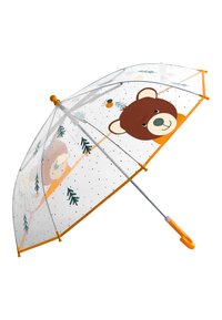 Transparent umbrella with a bear design in brown and cream, featuring orange accents and printed trees on a dotted background.