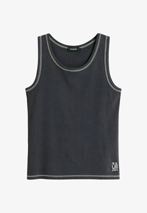 Débardeur sans manches gris foncé avec des coutures gris clair, encolure ronde, petit logo brodé blanc sur l'ourlet inférieur droit.