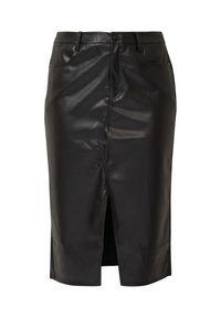 Zwarte leren midirok met een voorste split, voorzien van zijzakken, ceintuurlussen en een glad, glanzend oppervlak. Klassiek aangesloten ontwerp.