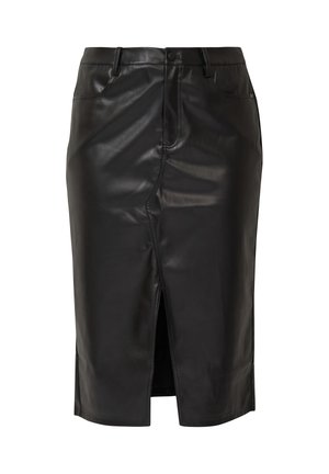 Gonna midi in pelle nera con spacco frontale, dotata di tasche laterali, passanti per cintura e una texture liscia e lucida. Design classico aderente.