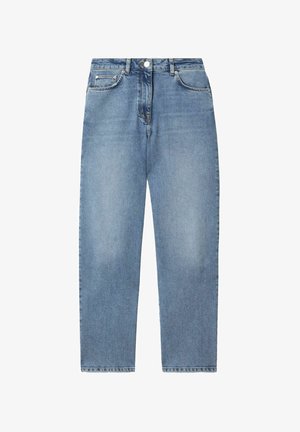 Light blue denim jeans with a high waist, straight legs, five-pocket design, and a zipper fly. Fabric has a smooth texture with slight fading.