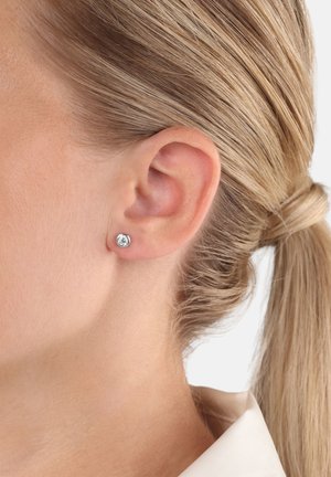 Orecchini a lobo in argento con cristalli trasparenti rotondi. Vista ravvicinata che evidenzia la superficie lucida e il design semplice e classico.