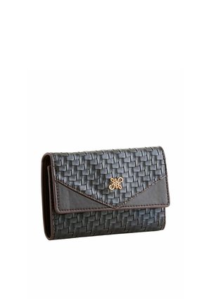 Dark brown woven leather wallet with envelope flap and small gold decorative emblem centered on the front.