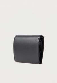 Black leather wallet with a textured finish, folded design, and stitched edges; compact shape with no visible hardware or embellishments.