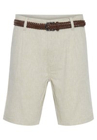 Beige linned shorts med et vævet brunt læderbælte. Skræddersyet pasform, over-knee længde og subtil tekstur.