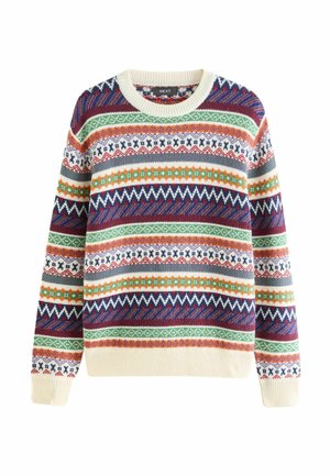 Pull en maille à col rond avec des rayures horizontales multicolores présentant des motifs géométriques et en zigzag en crème, vert, orange, marine et violet.