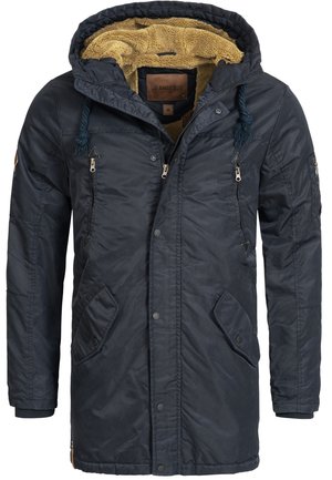 Marineblauer Kapuzenparka mit einem flauschigen gelben Innenfutter, vorderen Druckknopf- und Reißverschlusstaschen, verstellbarer Kapuze und strukturiertem Stoff.