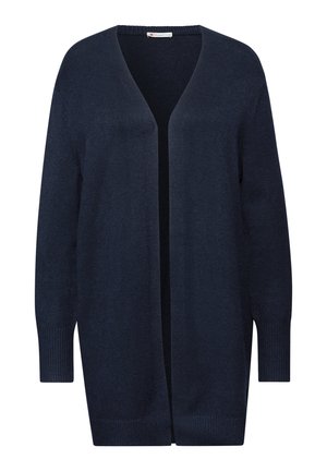 Cardigan long marine en tricot doux, à front ouvert, avec des manches longues et des accents côtelés le long des poignets et de l'ourlet.