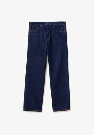 Jeans denim blu scuro a gamba dritta con tasche frontali, passanti per cintura e chiusura con bottone e cerniera.