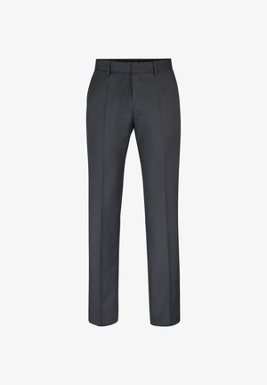 Tailored gray trousers made of fine fabric; straight cut with front and back pleats; features a flat front and belt loops.