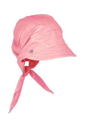 Różowy miękki kapelusz przeciwsłoneczny z krótkim rondem i dwoma długimi sznureczkami do zawiązywania pod brodą.