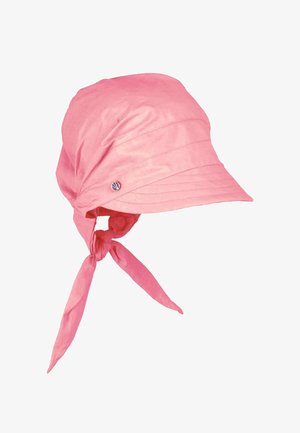 Różowy miękki kapelusz przeciwsłoneczny z krótkim rondem i dwoma długimi sznureczkami do zawiązywania pod brodą.