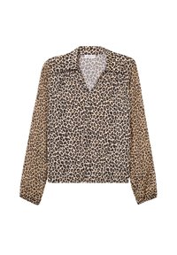 Blusa con estampado de leopardo, de manga larga, escote en V y puños elásticos. La tela tiene una textura suave en tonos beige y negro. Adecuada para uso casual.