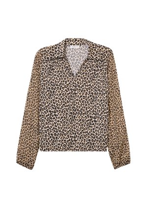 Blouse en imprimé léopard avec des manches longues, décolleté en V et poignets élastiques. Tissu à la texture douce dans des tons beige et noir. Idéale pour un look décontracté.