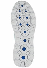 Suola di scarpa in gomma con una base bianca, caratterizzata da ritagli rotondi e dettagli blu in un motivo circolare, progettata per traspirabilità e aderenza.